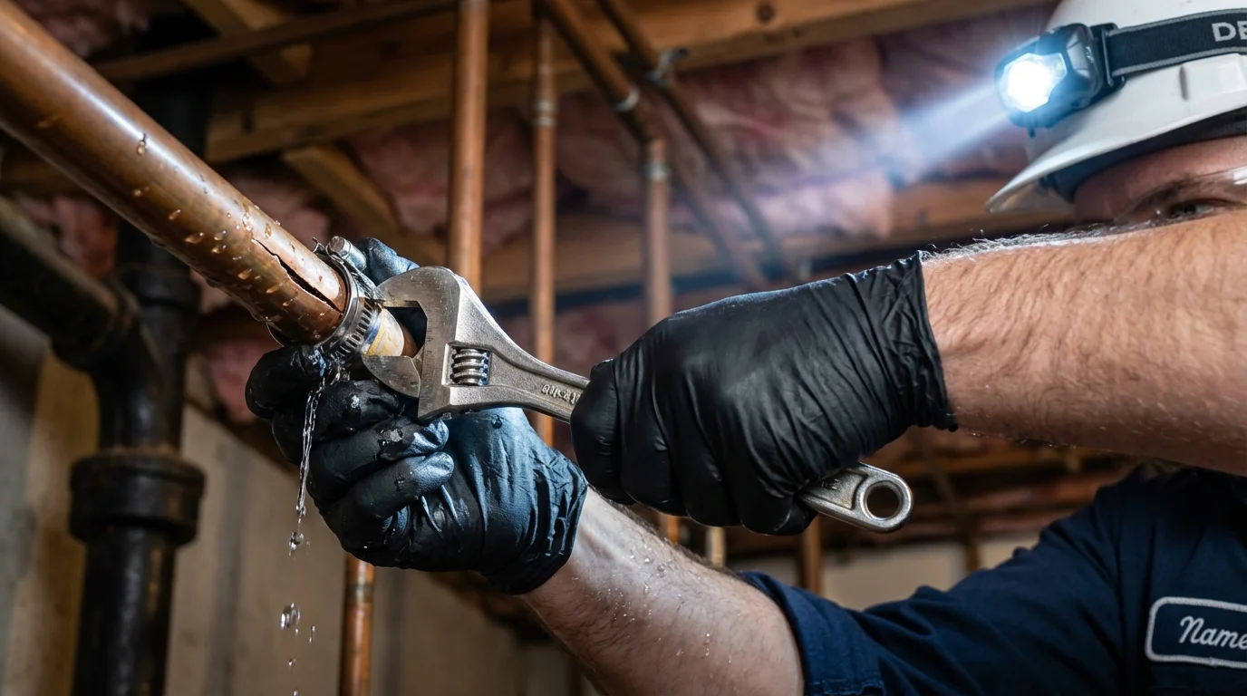 Emergency pipe clamp repair being performed by a Johns Plumbing LLC plumber in Virginia