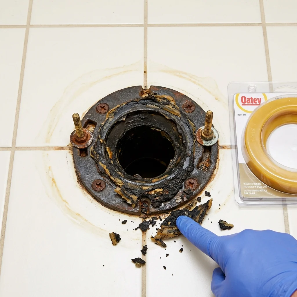 Failed wax ring showing water seepage at the base of a toilet in a Virginia, MN home