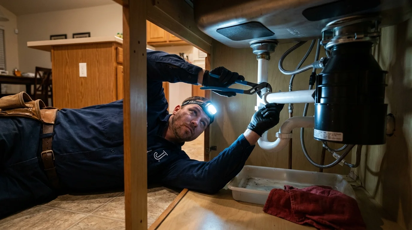 P-trap and supply line connections under a kitchen sink showing a common leak point in Virginia, MN